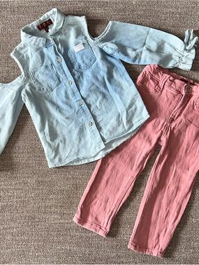 Girls Light Denim Cold-Shoulder Top & Dusty Pink Pants Set